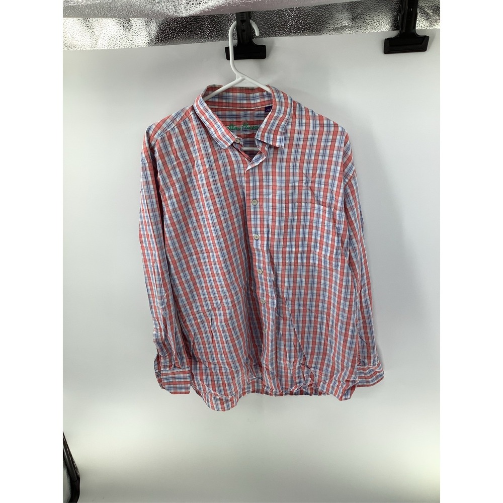 Alan Flusser Mens Large Plaid Button Down Shirt Red White Blue 100% Cotton L